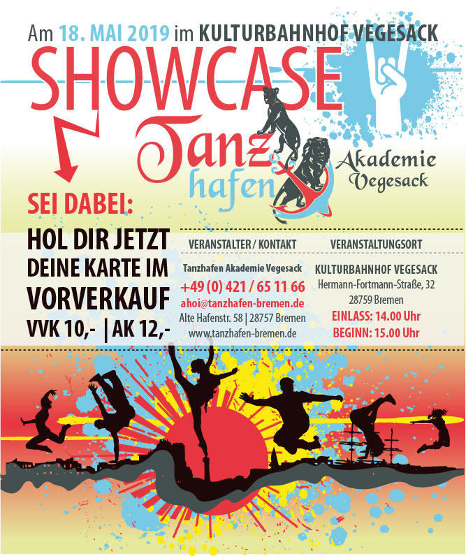 Flyer für den showcase im Tanzhafen, Hip Hop, Ballett, Karten im Vorverkauf, Bremen